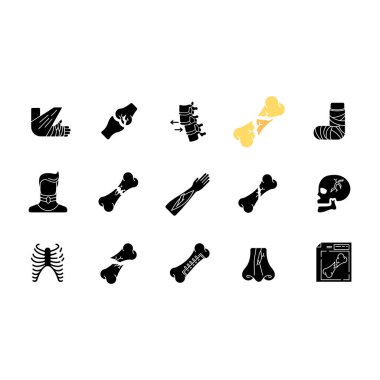 Vücut yaralanmaları, beyaz uzaya dizilmiş siyah sembol simgeleri. Kırık kol, ayak. Kemik kırıkları. Boyun ve kafatası yaralanması. Kırık uzuvlar. Göğüs kafesi kırılmış. Kaburga kırığı. Siluet sembolleri. Vektör izole illüstrasyonu