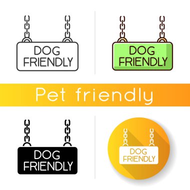 Köpek dostu bölge ikonu. Köpeğin izin verdiği bölge, köpek yavrularının hoş geldin bölgesi. Evcil hayvanların sallanan plakalara izin veriliyor. Lineer siyah ve RGB renk stilleri. İzole vektör çizimleri