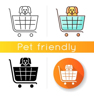 Köpekler süpermarkete, petshop ikonuna izin veriyor. Köpekçik alışverişe, evcil hayvanlar karşılama dükkanına izin verdi. Alışveriş arabasında mutlu köpek yavrusu. Lineer siyah ve RGB renk stilleri. İzole vektör çizimleri