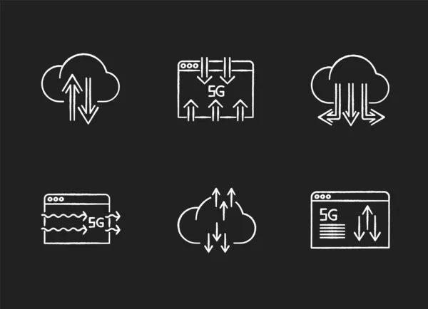 Iconos Blancos Tiza Tecnología Establecidos Sobre Fondo Negro Transmisión Datos — Vector de stock