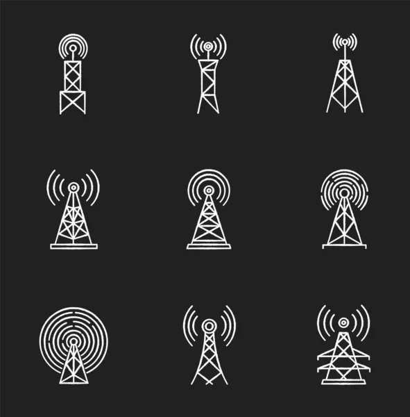 Cell Towers Antennas Chalk White Icons Set Black Background Wireless — Stock Vector