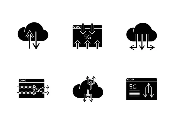 Schwarze Glyphen Symbole Der Technologie Auf Weißem Raum Datenübertragung Schneller — Stockvektor