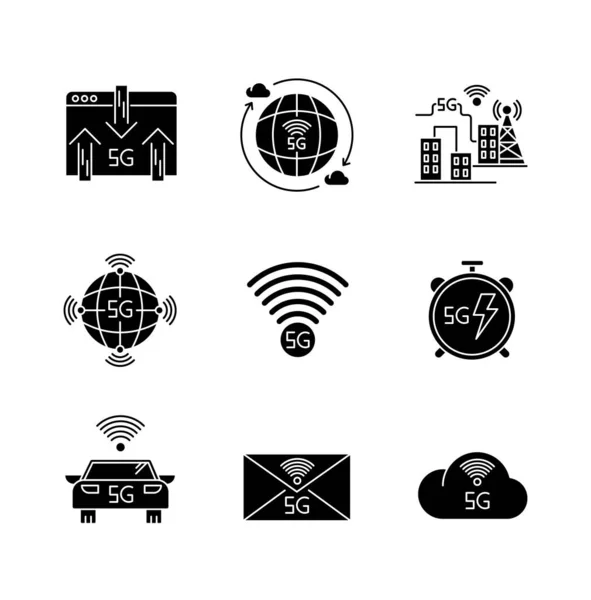 Icônes Glyphe Noir Technologie Sans Fil Réglées Sur Espace Blanc — Image vectorielle