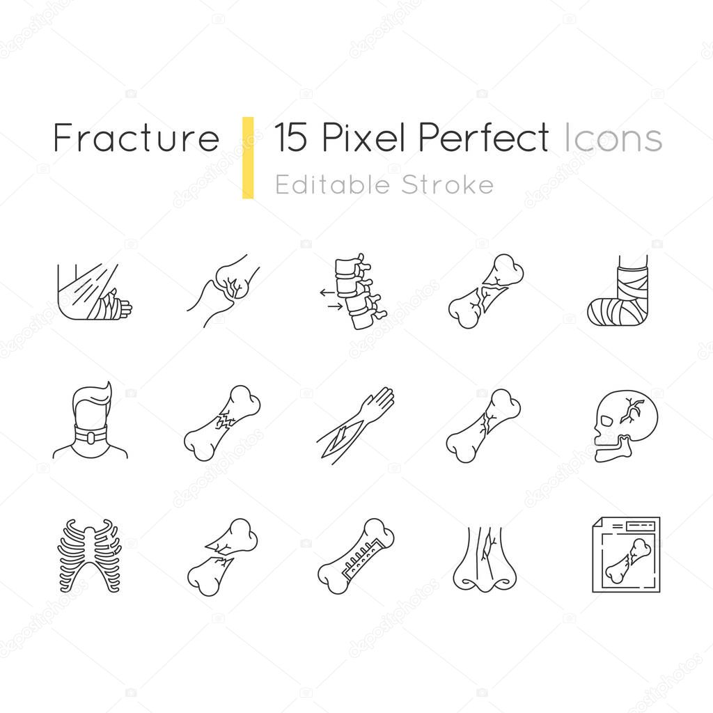 Bone fracture X-ray scan pixel perfect linear icon. Patient medical record. Broken bone treatment. Thin line customizable illustration. Contour symbol. Vector isolated outline drawing. Editable stroke
