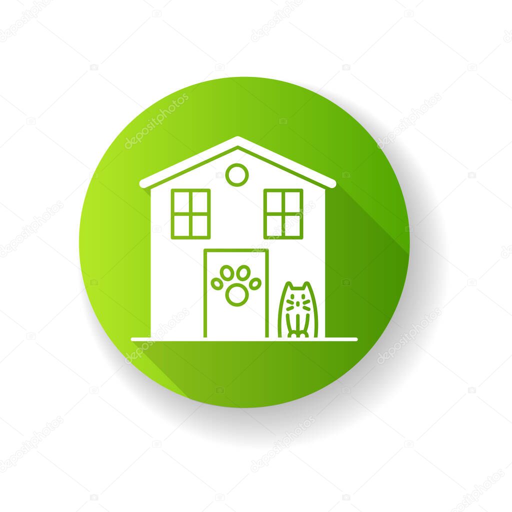 Animal shelter exterior sign green flat design long shadow glyph icon. Stray cats and dogs house, homeless animals care place. Kitty welcome area. Silhouette RGB color illustration