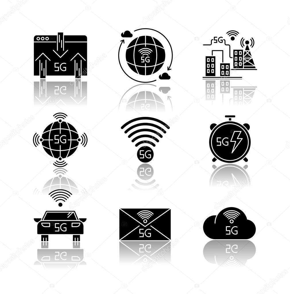 5G wireless technology drop shadow black glyph icons set. Car control, data exchange. Smart city. Fast Internet connection. Mobile cellular network. Isolated vector illustrations on white space