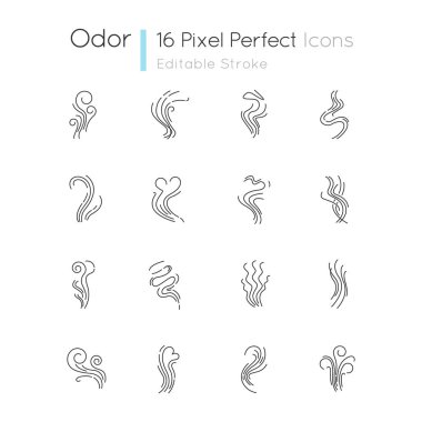 Odor pixel perfect linear icons set. Good and bad smell. Heart shape odour, fluid, perfume scent. Customizable thin line contour symbols. Isolated vector outline illustrations. Editable stroke clipart