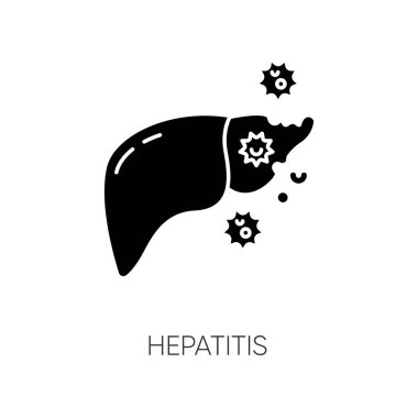 Hepatit siyah kabartma simgesi. Bulaşıcı karaciğer hastalığı, beyaz uzayda viral enfeksiyon silueti sembolü. Kronik siroz, sarılık. İnsan organı ve bakteri hücreleri Vektör izole çizim