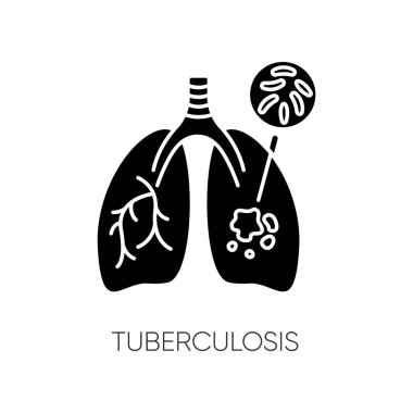 Tüberküloz siyah kabartma simgesi. Bulaşıcı solunum hastalığı, tehlikeli bulaşıcı hastalıklar, beyaz uzayda pulmoner hastalık silueti sembolü. Tb virüsü vektörü olan akciğerler izole edilmiş illüstrasyon