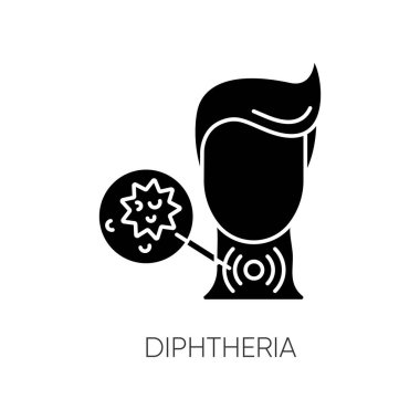 Difteri siyah kabartma simgesi. Bulaşıcı bulaşıcı hastalık, beyaz uzayda tehlikeli ağız enfeksiyonu silueti sembolü. Boğaz ağrısı, nefes darlığı. Vektör izole illüstrasyonu