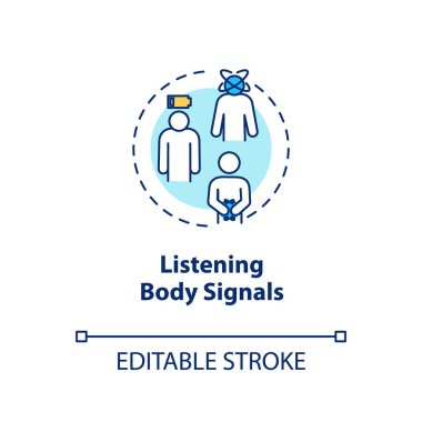 Vücut sinyali konsepti ikonu dinle. Dikkatli beslenme fikri ince çizgi çizimi. Aç olduğunda yemek, hırıldayan mide ve düşük enerji. Vektör izole edilmiş Rgb çizimi. Düzenlenebilir vuruş