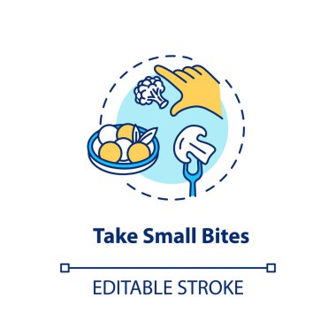 Take small bites concept icon. Mindful eating, conscious nutrition idea thin line illustration. Enjoying food in small portions. Vector isolated outline RGB color drawing. Editable stroke clipart