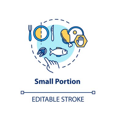 Küçük porsiyon konsept simgesi. Dikkatli yeme, bilinçli beslenme fikri ince çizgi çizimi. Tabak boyutu kısıtlı, fazla yemekten kaçının. Vektör izole edilmiş Rgb çizimi. Düzenlenebilir vuruş