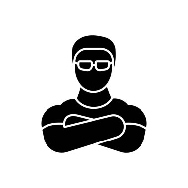 Gece kulübü güvenlik görevlisi, siyah sembol. Gece kulübü beyaz uzayda kontrol sembolü. Çapraz kollu fedai, güneş gözlüklü güçlü koruma.