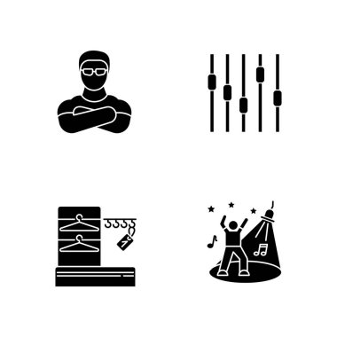 Gece kulübü siyah kabartma sembolleri beyaz alana dizilmiş. Yüz kontrolü, gece partisi, gece kulübü diskotek siluetleri. Fedai, gardırop, dans pisti ve dengeleyici vektör izole çizimler.