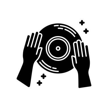 DJ siyah simge simgesi. Gece kulübü eğlencesi, ev müziği, beyaz alanda disko silueti sembolü. Disk jokeyi işi. Vinil kayıt vektörü izole edilmiş illüstrasyon