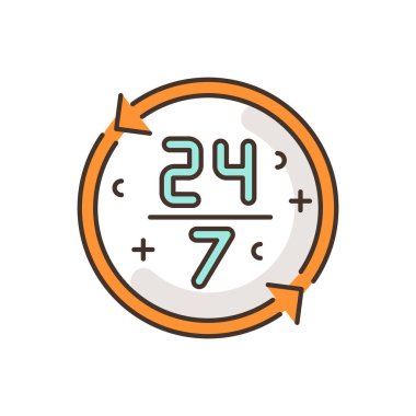 Aralıksız servis RGB renk simgesi. 7 gün 24 saat açık. Bütün hafta açık dükkan. ATM bütün gün kullanılabilir. Gece gündüz çalışıyorum. Saatli arama. Ticaret ve perakende hizmeti. İzole vektör illüstrasyonu