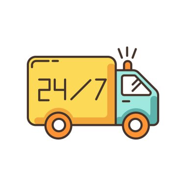 RGB renk simgesini 24 saat teslim et. Hızlı 24-7 nakliye. Her gün nakliye arabası. Nakliye kamyonu. Saat servisi civarında. Perakende sektörü. İzole vektör illüstrasyonu