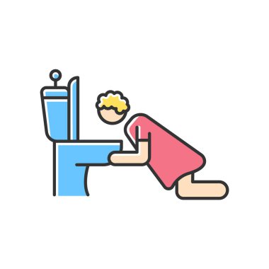 Bulantı Rgb renk simgesi. Sabah bulantısı. Hamileliğin ilk belirtileri. Hamile bir kadın kusuyor. Tuvalette kusmak. Grip virüsü hastalığı. Akşamdan kalma gibi hissediyorum. İzole vektör illüstrasyonu