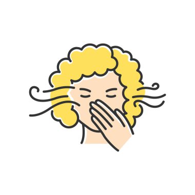 Duyarlılık kokusu Rgb renk simgesi. Hamileliğin ilk belirtileri. Alerjisi olan kadın. Migren belirtisi. Nefesi kokuyor. Ağzını kapatan kişi. Hijyen ve hijyen. İzole vektör illüstrasyonu