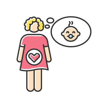 Hamilelik Rgb renk simgesi hissi. Yumurtlamanın erken belirtileri. Annelik hissi. Aile planlaması. Müstakbel anne. Bebek bekleyen bir bayan. Genç anne çocuğunu düşünüyor. İzole vektör illüstrasyonu