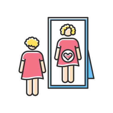 Sezgisel his Rgb renk simgesi. Hamileliğin erken belirtileri. Bebek bekleyen bir kadın. Müstakbel yetişkin. Aynaya bakan kadın. Doğum yapma beklentisi. İzole vektör illüstrasyonu