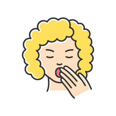 Uykusuzluk Rgb renk simgesi. Uykulu kadın. Yorgun bayan. Yorgunluk ve tükenmişlik. Hamileliğin ilk belirtileri. Uykusuzluk. Uykusuzluk belirtisi. Yorgunluktan esnemek. İzole vektör illüstrasyonu