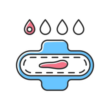 Hafif kanayan Rgb renk simgesi. Hamileliğin ilk belirtileri. Adet döngüsü. Kan damlaları. Kadınlar için adet pedi. Kadın üreme sistemi sağlığı. Hijyen ve hijyen. İzole vektör illüstrasyonu