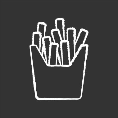 Patates kızartması siyah arka planda beyaz tebeşir ikonu. Kızarmış patates, karton kutuda tuzlu çubuklar. Fast food paketi. Paket içinde paket yemek. İzole edilmiş vektör karatahta çizimi