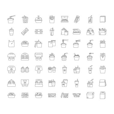 Paket paketleri doğrusal simgeler ayarlandı. Özelleştirilebilir ince çizgi şekilleri. Yemek kaplarını, kutuları çıkarın. Erişte, bir kova tavuk kanadı. Vektör izole çizim. Düzenlenebilir vuruşlar