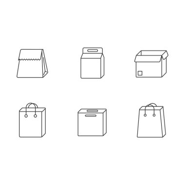 Kağıt gıda paketleri pikseller mükemmel doğrusal simgeler dizildi. Özelleştirilebilir ince çizgi sembolleri. Karton kutular, çantalar. Öğle yemeği için tek kullanımlık konteynırlar, bakkal. Vektör izole çizimler. Düzenlenebilir vuruşlar