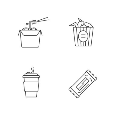 Paket yemek pikseli mükemmel doğrusal simgeler ayarlandı. Özelleştirilebilir ince çizgi sembolleri. Bir kova tavuk kanadı, Çin eriştesi, paket kahve. Yemeği götür. Vektör izole çizim. Düzenlenebilir vuruşlar