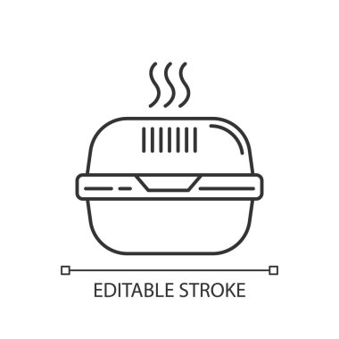 Hamburger kutusu pikseli mükemmel doğrusal simge. İnce çizgi özelleştirilebilir illüstrasyon. Fast food konteynırı. Paketleme servisi. Sıcak yemek için plastik beslenme çantası. Vektör izole çizim. Düzenlenebilir vuruş