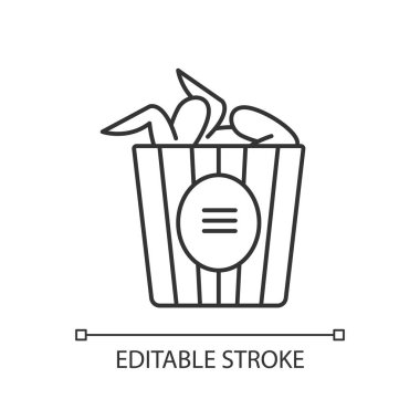 Bir kova tavuk kanadı pikseli mükemmel doğrusal simge. İnce çizgi özelleştirilebilir illüstrasyon. Karton pakette kızarmış et. Lezzetli bir yemek. Vektör izole çizim. Düzenlenebilir vuruş