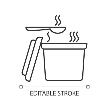 Dışarıdan sıcak yemek kabı pikseli mükemmel doğrusal simge. İnce çizgi özelleştirilebilir illüstrasyon. Kaşıklı paket çorba. Uygun yemek, hazır yemek paketi. Vektör izole çizim. Düzenlenebilir vuruş