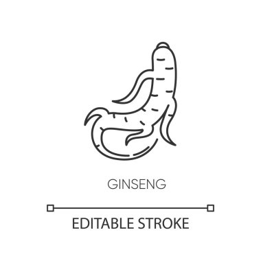 Ginseng pikseli mükemmel doğrusal simge. Bitki kökü. Sivilceler için iyileşme bileşeni. Çin tedavisi. İnce çizgi özelleştirilebilir illüstrasyon. Contour sembolü. Vektör izole çizim. Düzenlenebilir vuruş