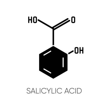 Salisilik asit siyah kabartma simgesi. Kimyasal dizilim. Moleküler formül. Cilt bakım bileşeni. Bilimsel araştırma. Sağlık sigortası, kozmetoloji. Beyaz uzayda siluet sembolü. Vektör izole illüstrasyonu