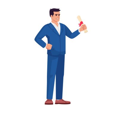 Diploması yarı düz Rgb renk çizimi olan üniversite mezunu. Kağıt parşömenli öğrenci beyaz arkaplanda çizgi film karakterini izole etti. Eğitimsel başarı, öğrenim tamamlama