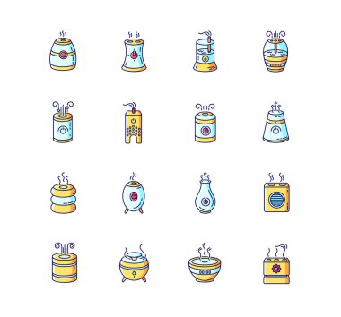 Hava temizleyiciler, nemlendiriciler, iyonlaştırıcılar mavi, sarı ve kırmızı Rgb renk simgeleri. İklim kontrol cihazları, ev aletleri, ev içi nem düzenleyicileri. İzole vektör çizimleri