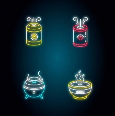 Hava nemlendiricileri, yağ dağıtıcıları, neon ışık ikonları. Minimalist hava temizleyiciler, nem düzenleyiciler. Dış ışık efektli işaretler. Vektör izole edilmiş Rgb renk çizimleri