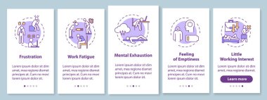 İçinde kavramların olduğu Burnout mobil uygulama sayfası ekranı. Zihinsel yorgunluk. Boşluk hissi veriyor. Yorgunluktan 5 aşamalı grafik talimatları gözden geçir. RGB renk resimleriyle UI vektör şablonu