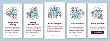 İçinde kavramların olduğu Burnout mobil uygulama sayfası ekranı. İstifa etmeyi düşünüyorum. İş problemleri 5 aşamalı grafik talimatları gözden geçiriyor. RGB renk resimleriyle UI vektör şablonu
