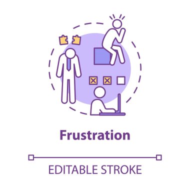 Hayal kırıklığı konsepti ikonu. İş yerinde sorun çıktı. Migreni olan asabi bir işçi. Mutsuz çalışan. Yanma semptomu ince çizgi çizimi. Vektör izole edilmiş RGB renk çizimi. Düzenlenebilir vuruş