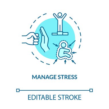 Stres turkuaz konsept simgesini yönet. Krizin üstesinden gel. Duygularını kontrol et. Direnç baskısı. Tükenme fikrinin ince çizgilerinden kaçının. Vektör izole edilmiş RGB renk çizimi. Düzenlenebilir vuruş