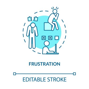 Hayal kırıklığı turkuvaz konsept ikonu. İş yerinde stres yüzünden panik olmuş. Mutsuz çalışan. Yanma semptomu ince çizgi çizimi. Vektör izole edilmiş RGB renk çizimi. Düzenlenebilir vuruş
