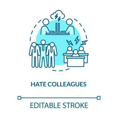 Meslektaşlarımın turkuaz konsept ikonundan nefret ediyorum. Takıma kızgınım. İş arkadaşlarımdan memnun değilim. Yanma fikri ince çizgi çizimine neden olur. Vektör izole edilmiş RGB renk çizimi. Düzenlenebilir vuruş