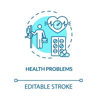 Sağlık sorunları turkuvaz konsept ikonu. Kalp rahatsızlığı. Hastane kontrolü. Yanma yansıması fikri ince çizgi çizimi. Vektör izole edilmiş RGB renk çizimi. Düzenlenebilir vuruş