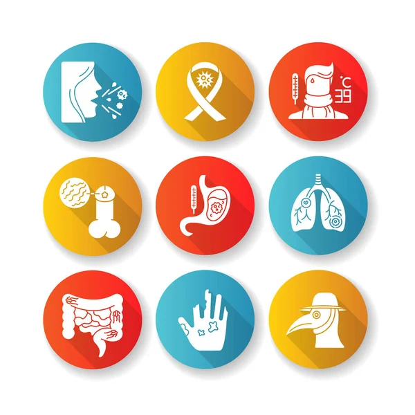 Infectious Illnesses Flat Design Long Shadow Glyph Icons Set Various — Stock Vector