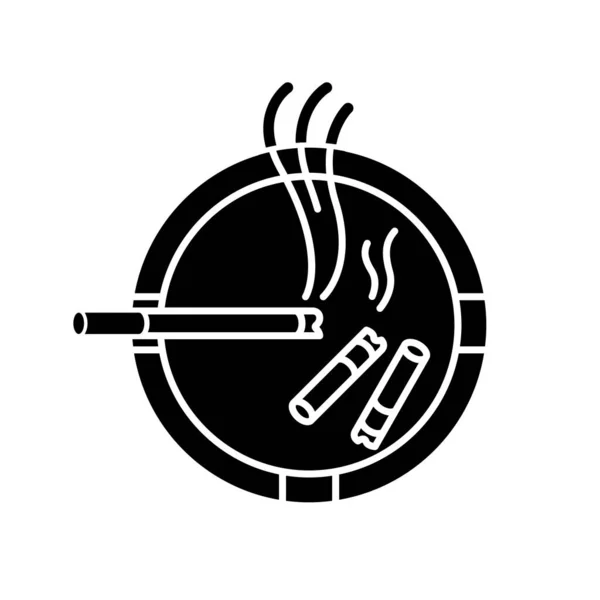 灰色の黒いグリフアイコン 喫煙中毒 危険な習慣 白い空間に不健康なライフスタイルのシルエットのシンボル 燃えるタバコとスタブベクトル絶縁イラストとアッシュトレイ — ストックベクタ