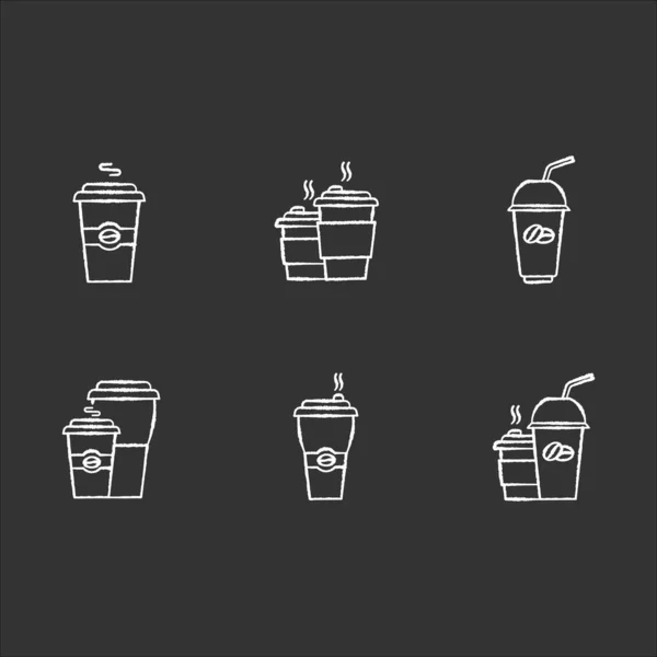 Caffè Andare Gesso Icone Bianche Impostate Sfondo Nero Bicchieri Plastica — Vettoriale Stock